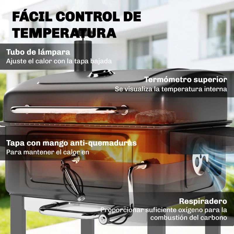 Outsunny Barbacoa de Carbón Portátil con Bandeja y Ventilación Ajustable Gran Parrilla Estantes Laterales Termómetro y Ruedas