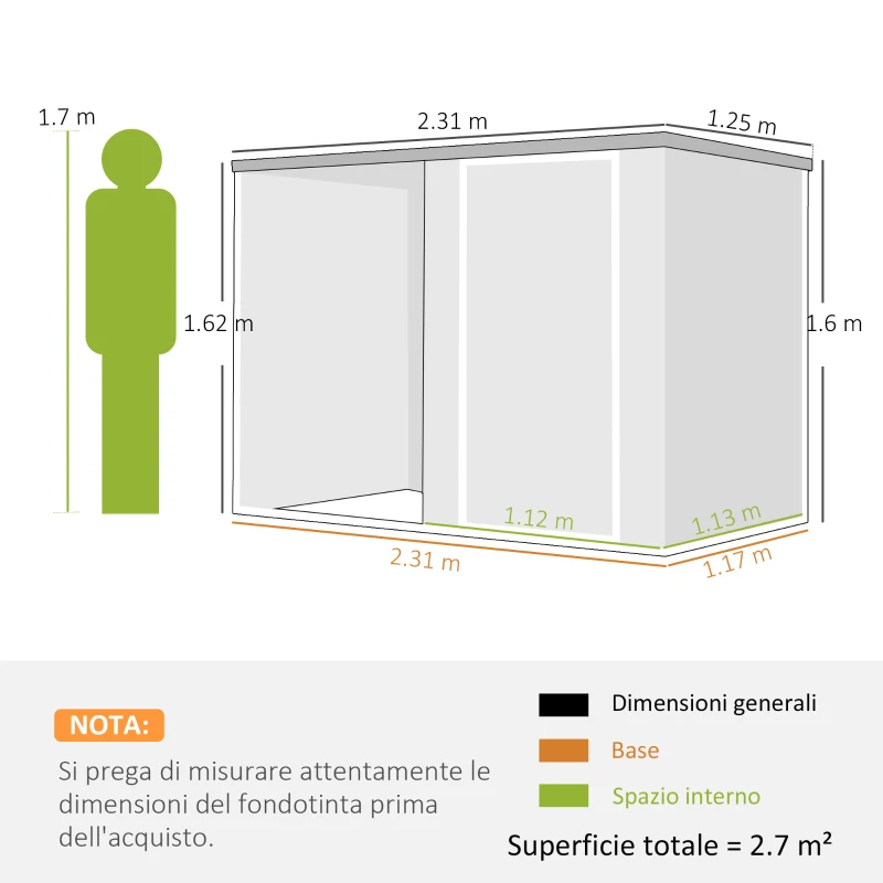 Outsunny Capanno da Giardino in Acciaio Zincato, Porta Bloccabile, 231 x 125 x 162 cm, Grigio