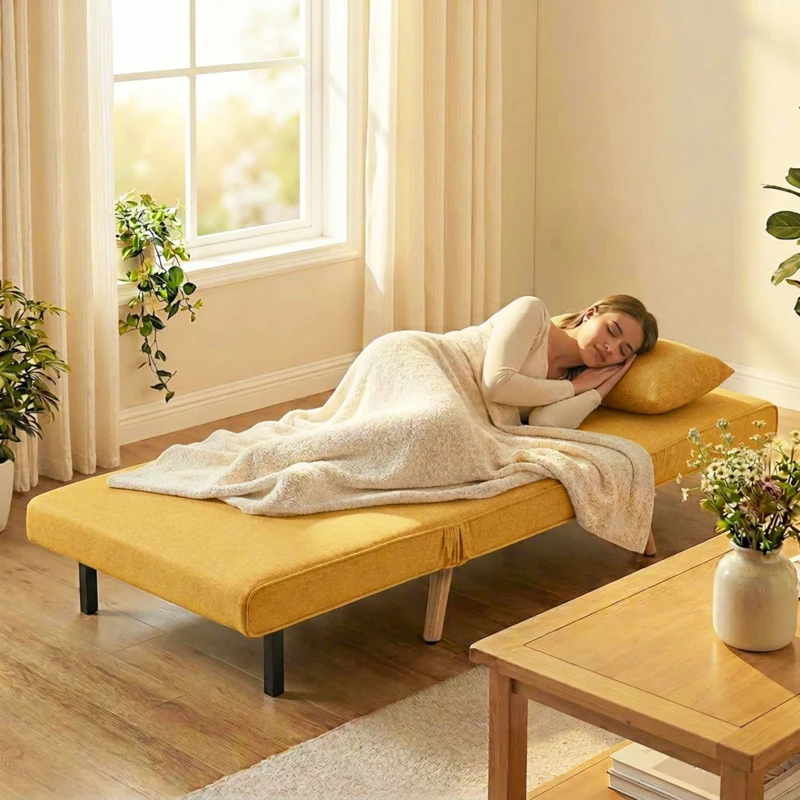 HOMCOM Sofá Cama Individual Plegable con Respaldo Ajustable 5 Posiciones Sillón Cama Tapizado con Cojín 72x75x85 cm Amarillo