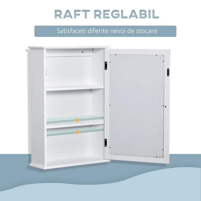 kleankin Dulap de Baie cu Oglindă – Dulap cu Oglindă – Dulap pentru WC – 1 Ușă, 2 Rafturi – MDF Alb și Sticlă