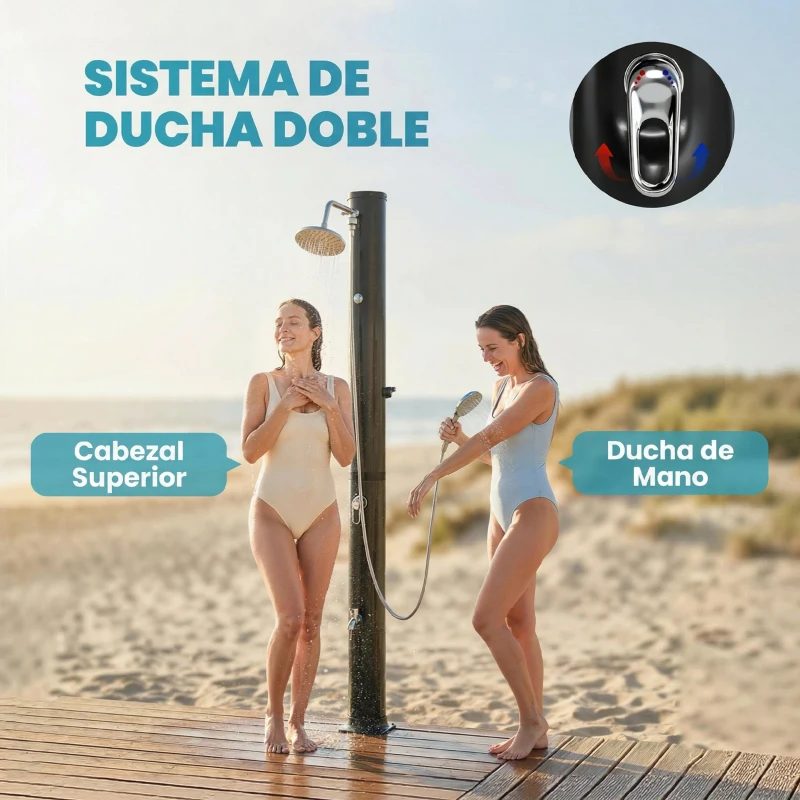 Outsunny Ducha Solar Jardín 40L con Cabezal Ducha de Mano Grifo para Pies y Temperatura Ajustable Máx. 60 °C para Piscina Negro