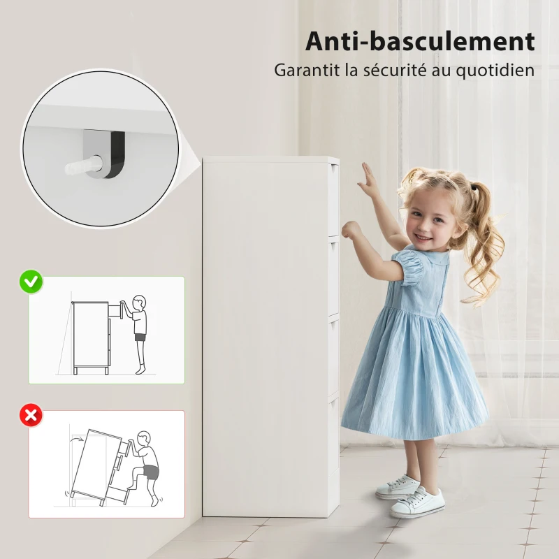 HOMCOM Meuble de salle de bain, meuble de rangement avec 4 tiroirs et poignées en rainure, 29 x 29 x 83 cm, blanc