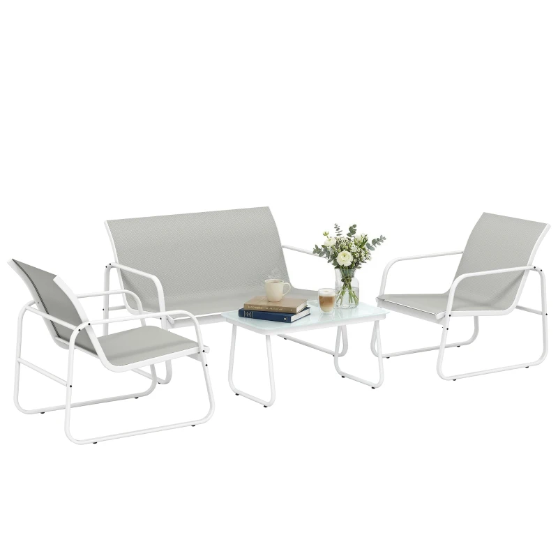 Outsunny Conjunto Jardín Exterior de 4 Piezas con Sofá de 2 Plazas 2 Sillones Mesa de Vidrio Templado Tela Textilene Gris Claro