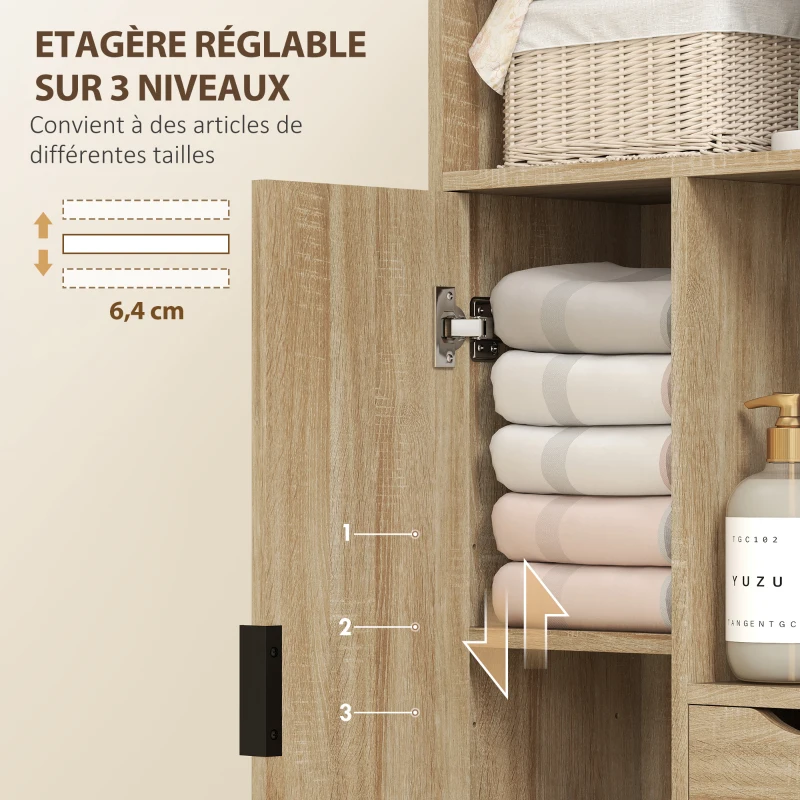 HOMCOM Meuble de salle de bain, meuble de rangement étroit avec 2 tiroirs, compartiments ouverts, 50x25x100cm, bois naturel