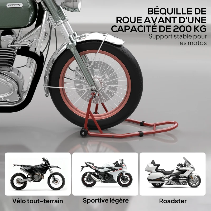 HOMCOM Support pour moto, béquille avant pour moto avec goupille réglable et adaptateurs pour bras oscillant, rouge
