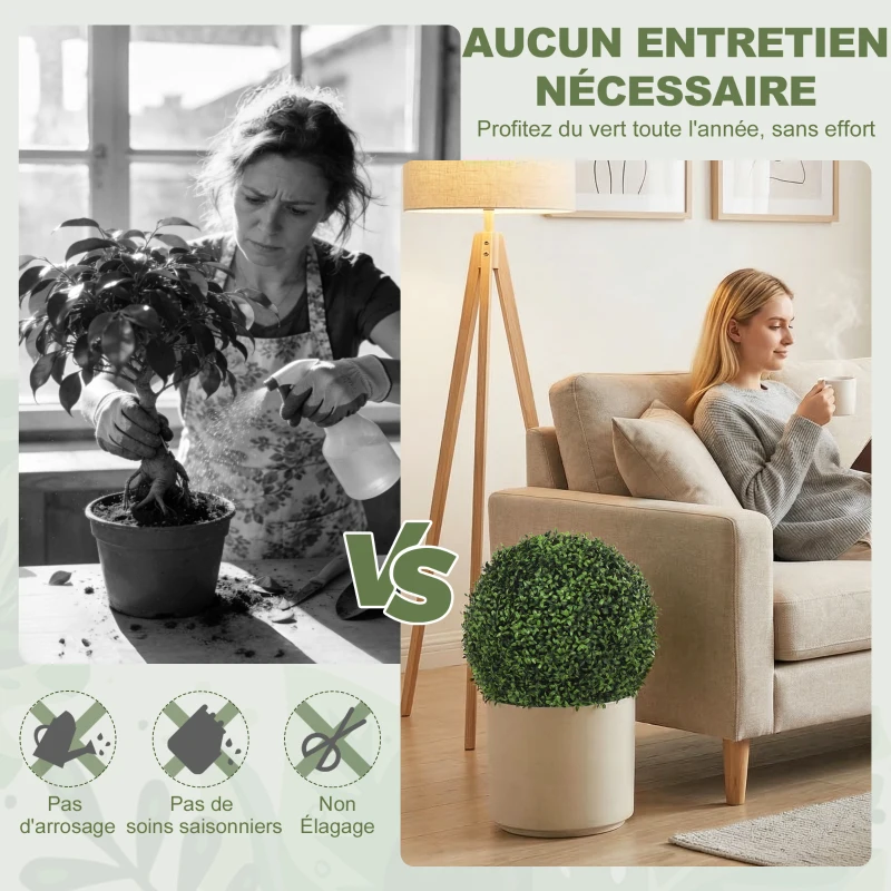 HOMCOM Lot de 2 boules de buis artificielles en pot, résistantes aux UV, 42 cm, pour décoration intérieure/extérieure