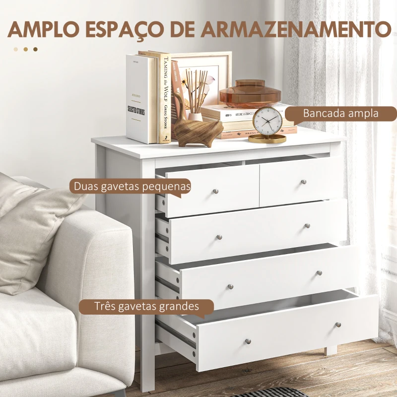 HOMCOM Cómoda com 5 Gavetas com Pés Elevados para Sala e Escritório Estilo Moderno 79x39,5x80,5 cm Branco