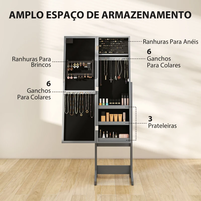 HOMCOM Espelho Joalheiro com Luzes LED Armário para Joias com Ângulo Ajustável  Prateleiras Ranuras para Anéis 36x30x136 cm Cinzento