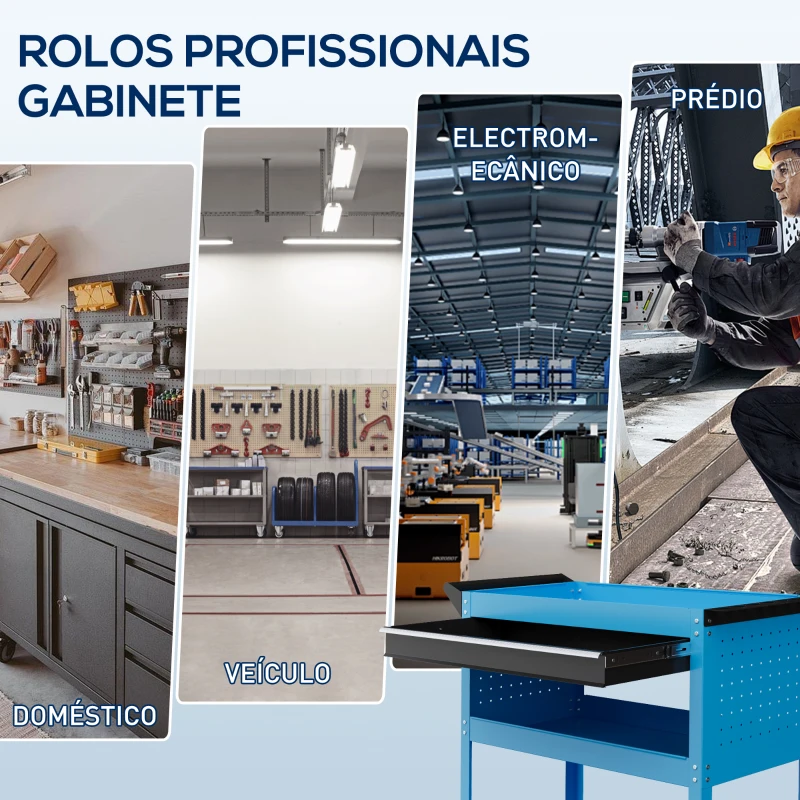 DURHAND Carrinho de Ferramentas com 3 Bandejas e Gaveta Rodas com Travões Pega Lateral Painel Lateral Perfurado 82x35x76 cm Azul