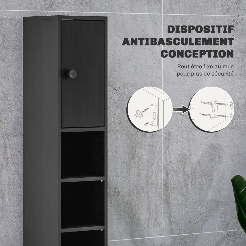 kleankin Colonne de rangement armoire haute pour salle de bain 1 tiroir 4 étagères réglables et 2 placards 20 x 20 x 180 cm noir