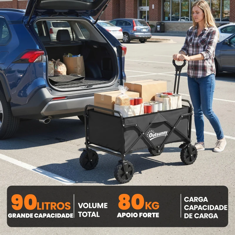 Outsunny Carrinho de Jardim Dobrável com Rodas Bloqueáveis Cabo Ajustável Porta-Copos Carga 80 kg para Camping 85x50x99 cm Preto