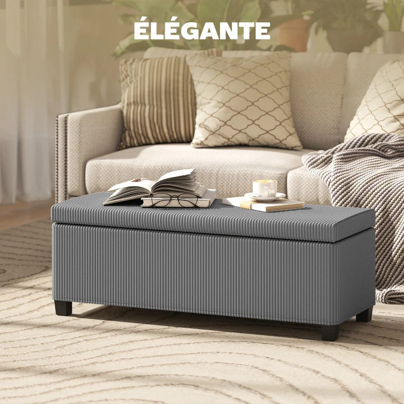 HOMCOM Banc de rangement bout de lit en velours côtelé avec couvercle, pour salon, chambre, entrée, 112 x 42 x 40 cm, gris
