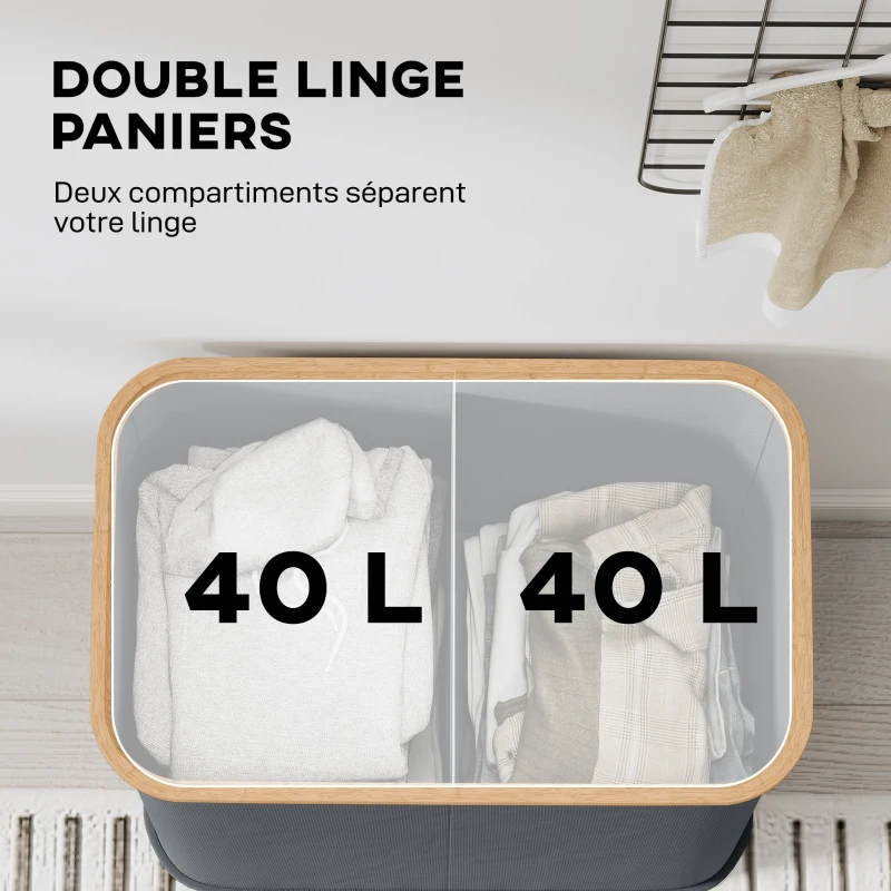 HOMCOM Panier à linge double pliable 80 L corbeille à linge sale avec couvercle, poignées rainurées, gris