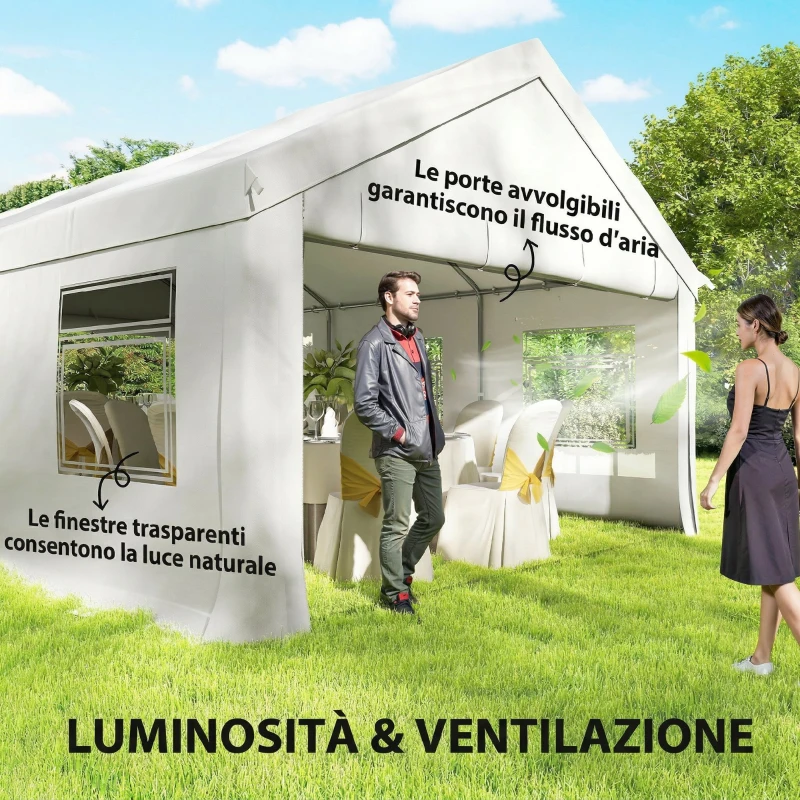 Outsunny Gazebo da Giardino 4x6 m con Pannelli Laterali, 6 Finestre e Doppio Ingresso, in Acciaio Galvanizzato, Bianco
