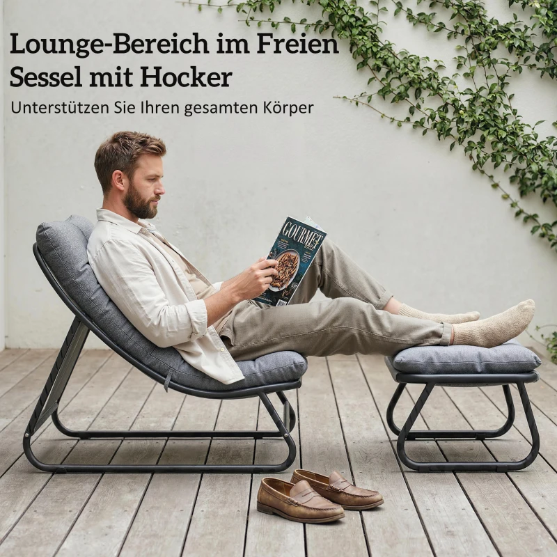 Outsunny Loungesessel Outdoor Balkonsessel mit Hocker 13 cm dicker Auflage rutschfesten Füßen Dunkelgrau