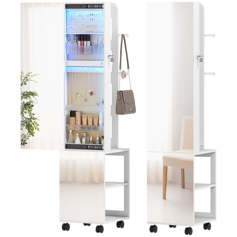 HOMCOM Espelho com Arrumação para Joias Luzes LED Armário para Joias com Rotação de 360° e Fecho com Chave 37x40x165,5 cm Branco