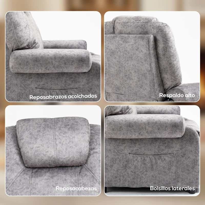 HOMCOM Sillón Relax Reclinable Manual hasta 135º con Reposabrazos Reposapiés Acolchado Grueso Gris
