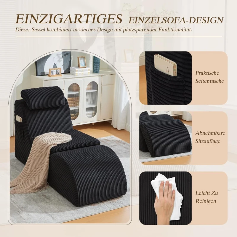 Moderner Freizeit-Sessel mit ergonomischer Rückenlehne, abnehmbarem Sitzkissen und Seitentasche, 160 x 66 x 90 cm, Schwarz