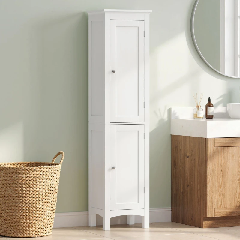 kleankin Tall Bathroom Storage Unit, Slim Bathroom Cabinet with Adjustable Shelves and Double Door, White