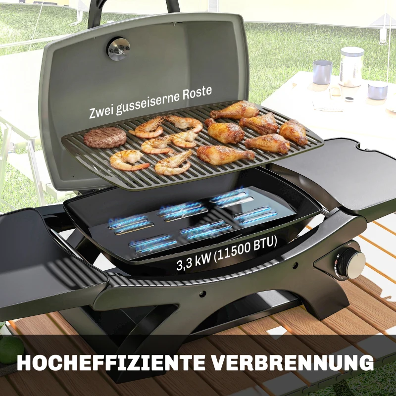Outsunny Gasgrill 3,3 KW Tischgrill mit 1 Brenner klappbar Seitentischen Gusseisen Grillroste herausnehmbar Fettauffangschale