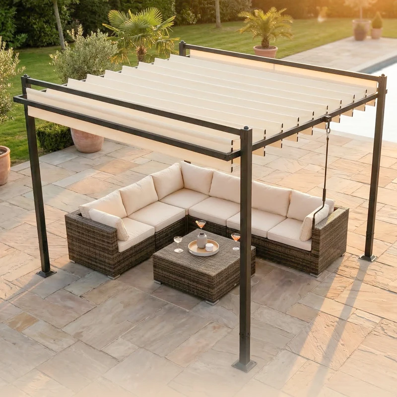 Outsunny Pérgola de Jardim 3x3,8 m com Toldo Corrediço Ajustável a 90° Manivela, Estrutura de Alumínio e Aço UPF50+ Bege