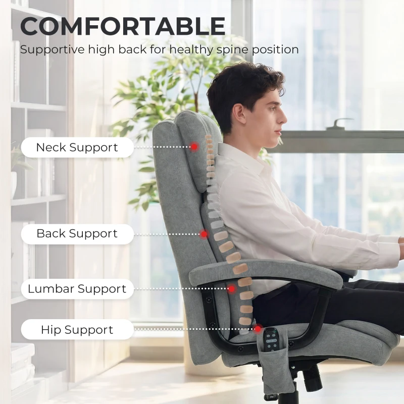 HOMCOM Ergonomische massage-bureaustoel met 4 kneedpunten, directeursstoel met hoge vlinderrugleuning, brede zitting, grijs