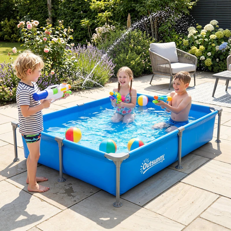 Outsunny Metal Frame Swimming Pool, Rectangular Above Ground Frame Pool with Repair Patch, 229 x 160 x 43 cm, Blue