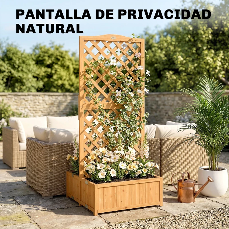 Outsunny Jardinera con Enrejado de Madera para Plantas Trepadoras con 2 Cajas Plegables Base de Listones 73x70x170 cm Natural