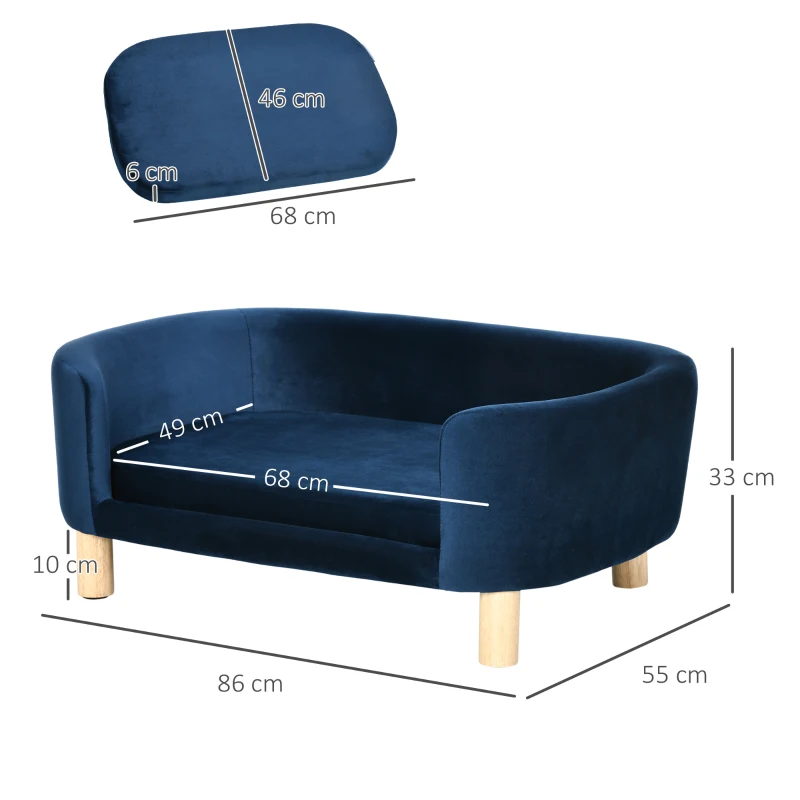 PawHut Sofá para Cães Pequenos com Pés de Madeira Almofada Removível e Capa Lavável  86x55x33 cm Azul