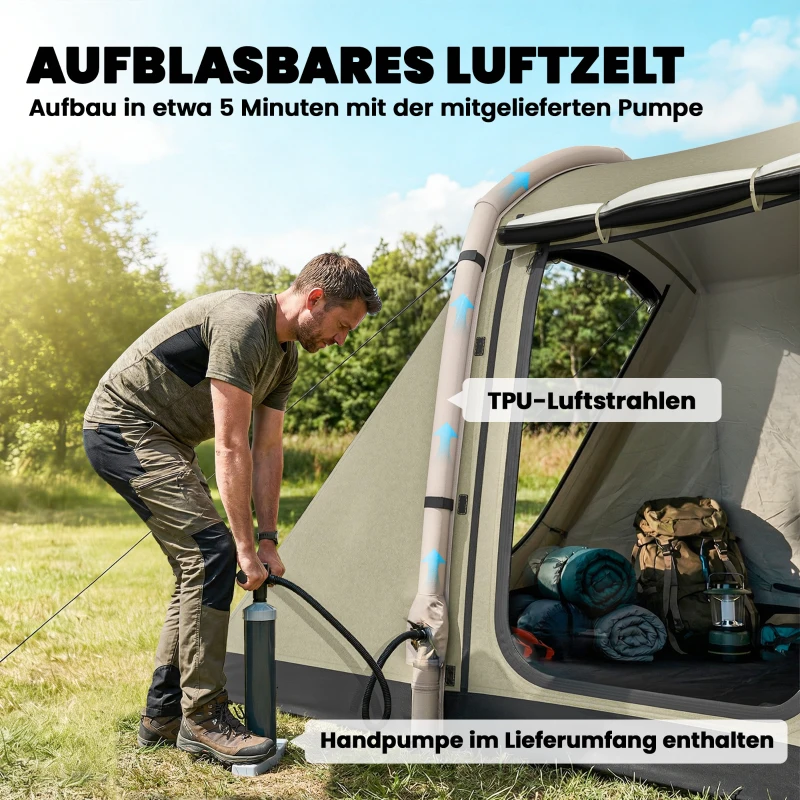 Outsunny Aufblasbares Zelt 2-4 Personen Schneller Aufbau Outdoor Zelt für Camping mit Luftpumpe Mesh Fenster Heringen Vordach