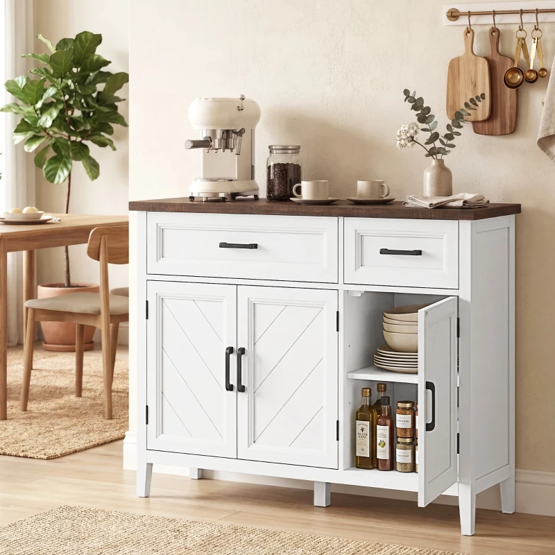 HOMCOM Aparador para sala, móvel de arrumação com 3 portas em espinha de peixe, 2 gavetas e 2 prateleiras reguláveis, 110 x 35 x 80,5 cm, branco