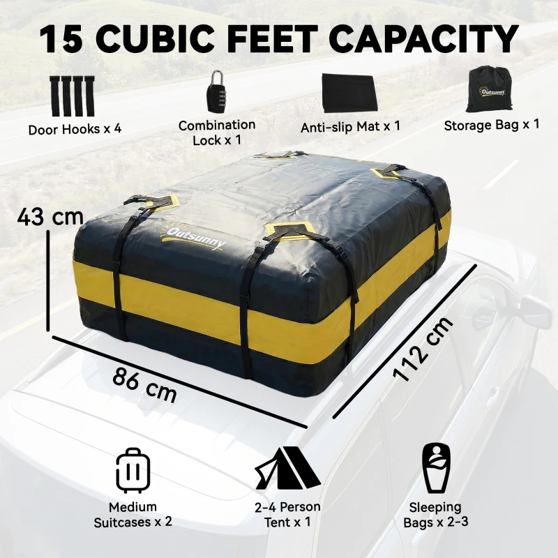 Outsunny Baule da Tetto Impermeabile 425L, per Tetti di Auto con/senza Portapacchi Box per Bagagli, con 8 Cinghie Rinforzate e Ganci per Porte, Giallo