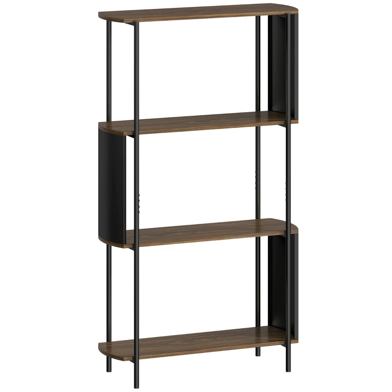 HOMCOM Étagère de rangement, bibliothèque à 4 niveaux avec panneaux latéraux incurvés, cadre en acier, 80x30x141cm, marron