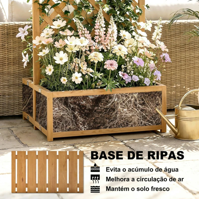 Outsunny Floreira com Treliça de Madeira com 2 Caixas Dobráveis Base de Ripas Vaso Elevado 73x70x170 cm Madeira