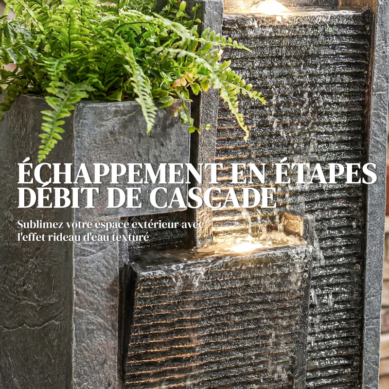 Outsunny Fontaine de jardin extérieure cascade 3 niveaux fontaine eau jardinière et mur d'eau moderne lumineuse 24 LED 101cm gris