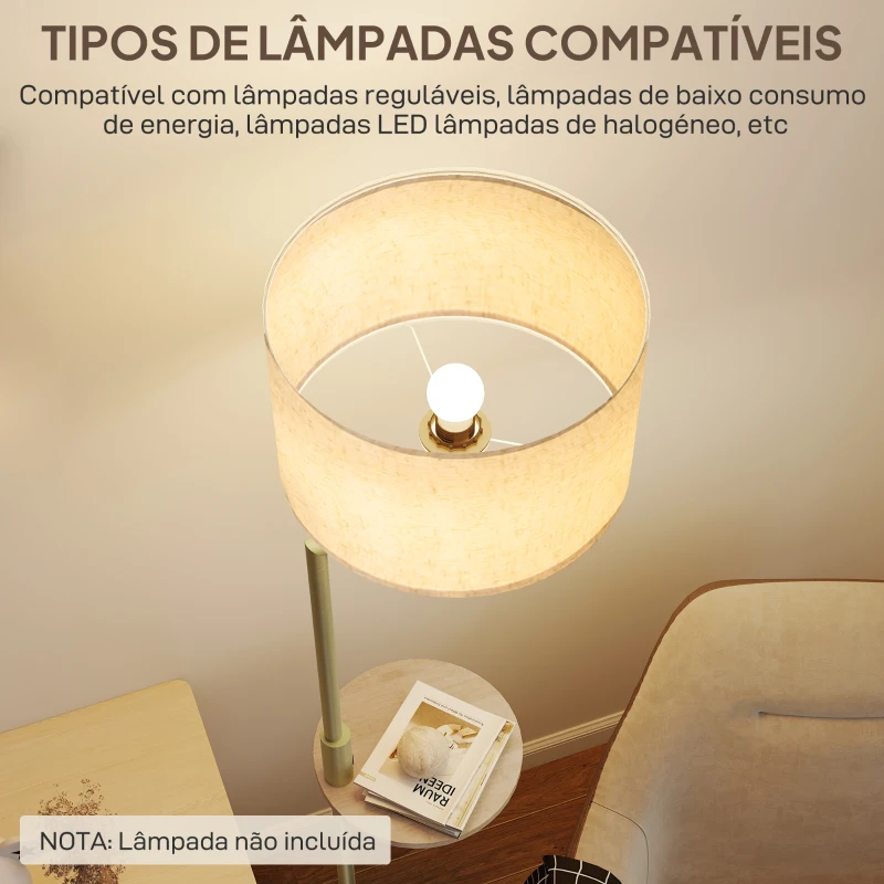 HOMCOM Candeeiro de Pé com Mesa Auxiliar Lâmpada E27 Máx. 40W Ecrã de Linho Interruptor de Corrente e Carregador USB Ø40x170 cm Dourado
