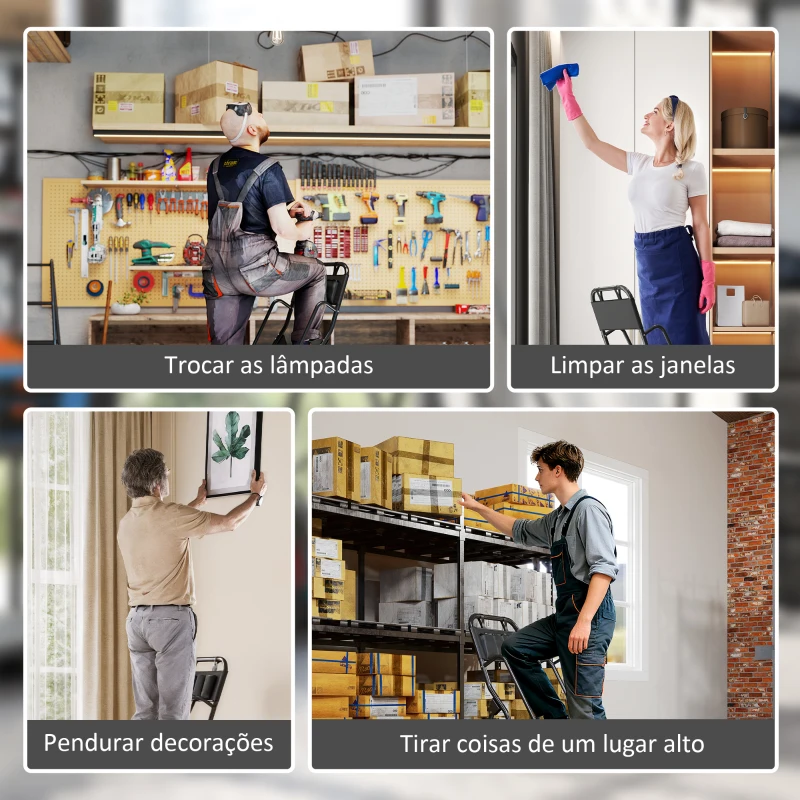 HOMCOM Escada Dobrável com 3 Degraus com Apoio para os Braços e Suporte para Ferramentas 49x66x136 cm Preto