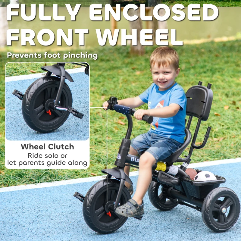 HOMCOM 6 in 1 Tricycle for Kids with 5-point harness straps, Removable Canopy, Dark Blue