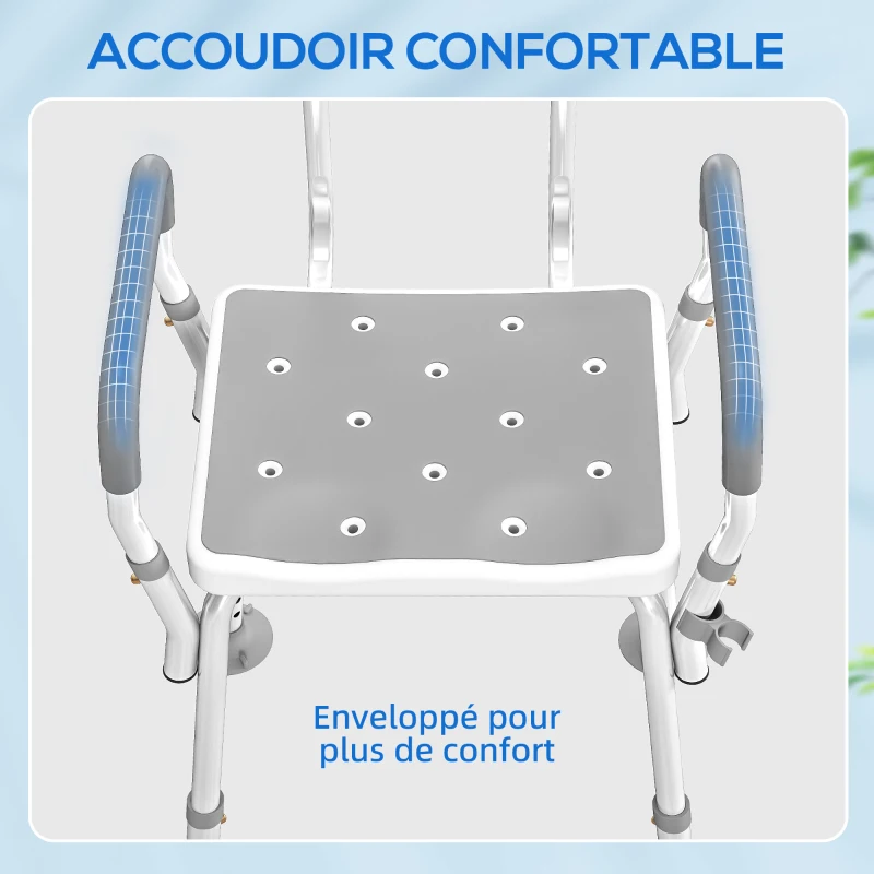 HOMCOM Tabouret de douche chaise de douche ergonomique hauteur réglable pieds antidérapants 56,5 x 53,5 x 87 cm blanc et gris