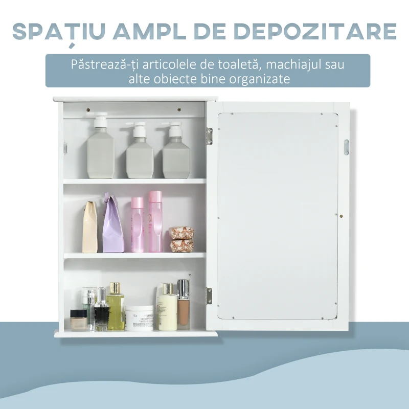 kleankin Dulap de Baie cu Oglindă – Dulap cu Oglindă – Dulap pentru WC – 1 Ușă, 2 Rafturi – MDF Alb și Sticlă