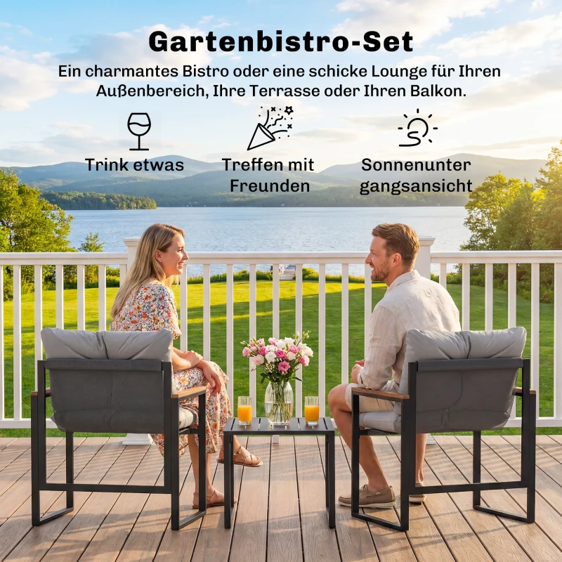 Outsunny Bistro-Set für 2 Personen, 3-teiliges Garten-Bistro-Set mit Metallrahmen und dicken Polstern