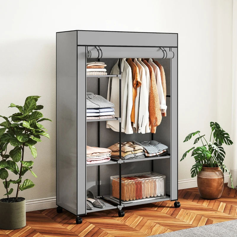 HOMCOM Armoire penderie en tissu meuble de rangement 6 roulettes tringle à vêtements et étagères ouvertes 103x43x162,5cm gris