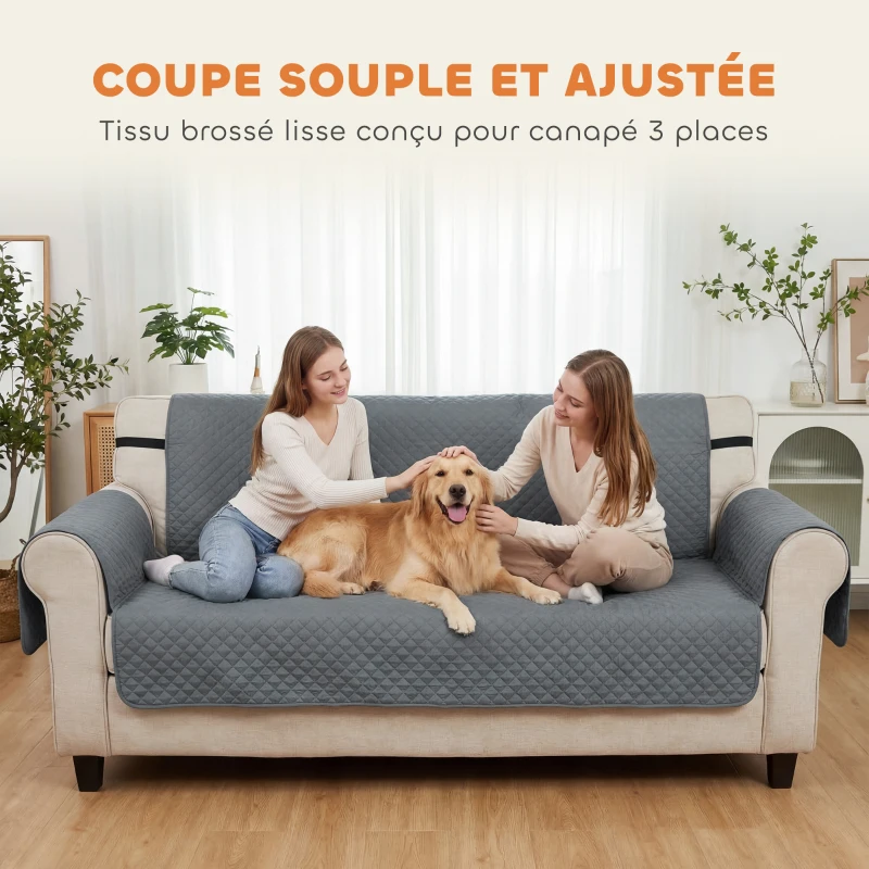 PawHut Housse de Canapé Protecteur de Meubles 3 Places Imperméable Anti-glisse avec Poches de Rangement Gris