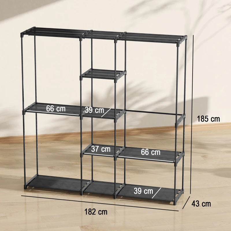 HOMCOM Dulap Garderobă din Material Textil cu 8 Rafturi și 3 Bare pentru Umerașe, 182x43x185 cm, Negru