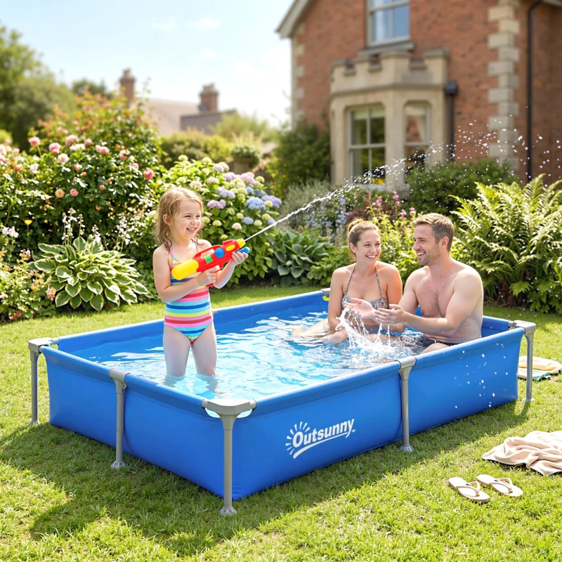 Outsunny Metal Frame Swimming Pool, Rectangular Above Ground Frame Pool with Repair Patch, 229 x 160 x 43 cm, Blue