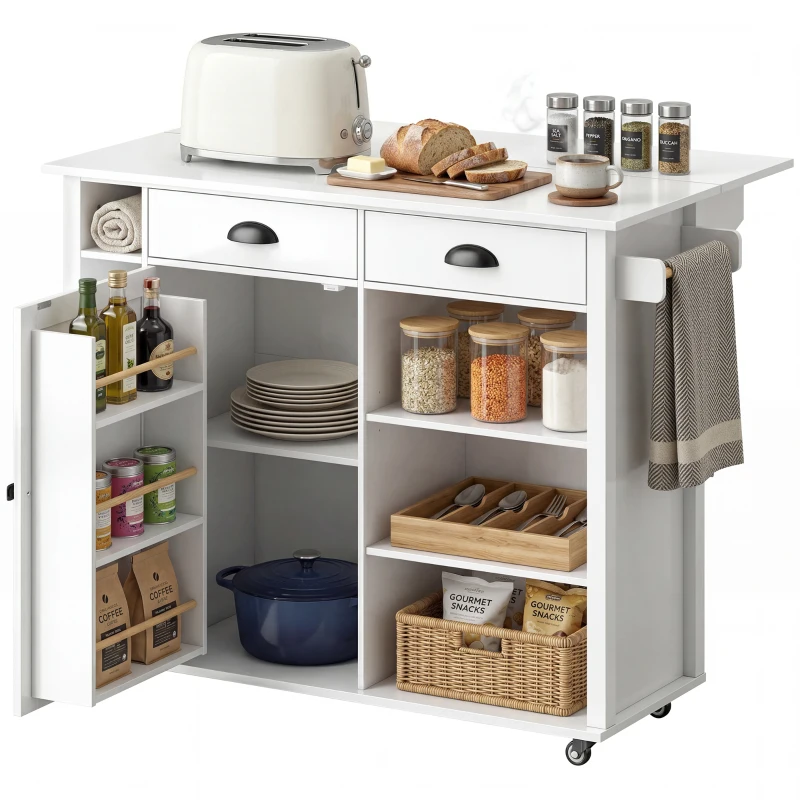 HOMCOM Îlot de cuisine sur roulettes plateau rabattable porte-épices porte-serviettes armoire 2 tiroirs 117,5x70x91 cm blanc