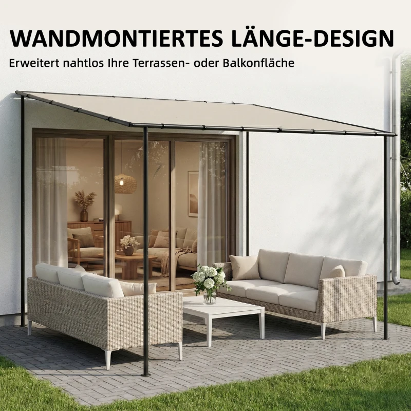 Outsunny Anbaupavillon Pergola mit Metallgestell Dach, wetterfest wandmontiert Pavillon Vordach, 3 x 1,8 x 2,3 m Cremeweiß
