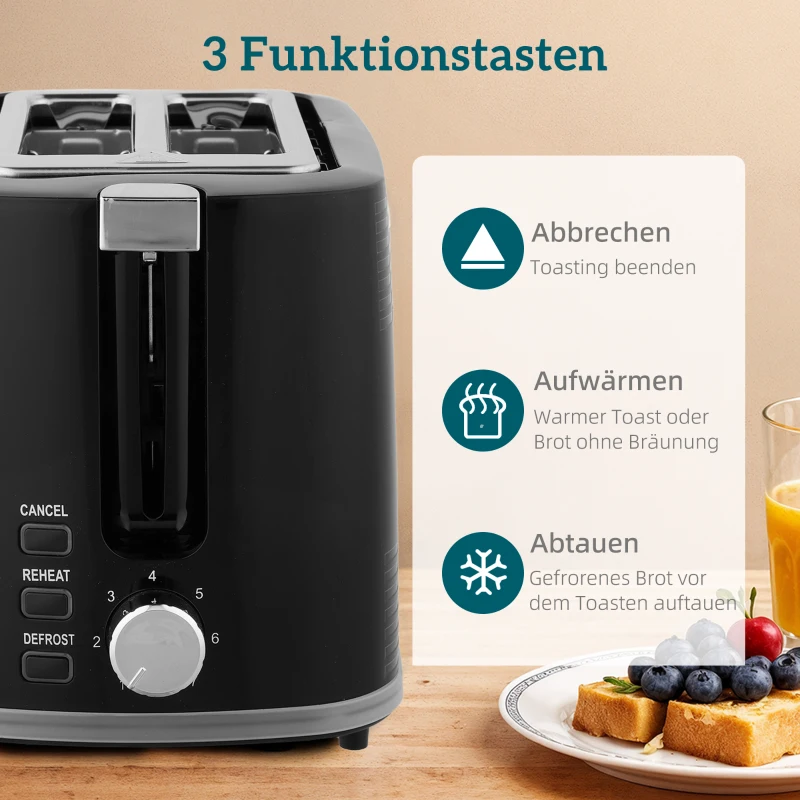 HOMCOM Wasserkocher- und Toaster-Set, 2200W, Otter-Thermostat, 2-Schlitz-Toaster, 7 Bräunungsstufen, Krümelfach, Schwarz
