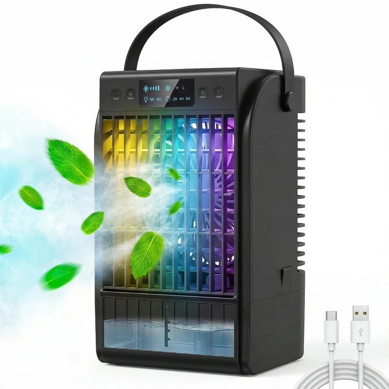 HOMCOM Portable Air Conditioner, 4-in-1 Mini Air Cooler with 4 Wind Speed, 2 Cool Mist, RGB 7 LED Light, Black