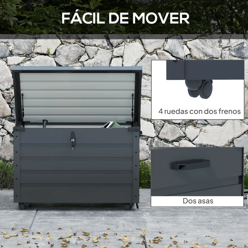 Outsunny Baúl de Almacenaje Exterior de Acero Galvanizado con 4 Ruedas 2 Asas y Tapa con Cerradura 100x62x65 cm Gris Oscuro